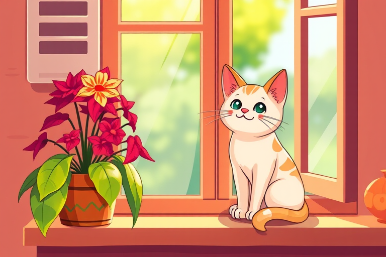 Create a high-resolution illustration of a cartoon cat sitting on a windowsill next to a colorful potted plant, bright warm colors, with a soft focus effect, using a digital drawing style and a tablet, at 300 DPI with a 16:9 aspect ratio.