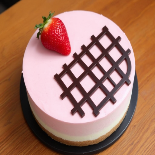 A round cake with a light pink mousse layer on top and a fluffy white base, decorated with a fresh strawberry on the top and a chocolate lattice design. The cake is placed on a dark circular plate and is set on a wooden table.