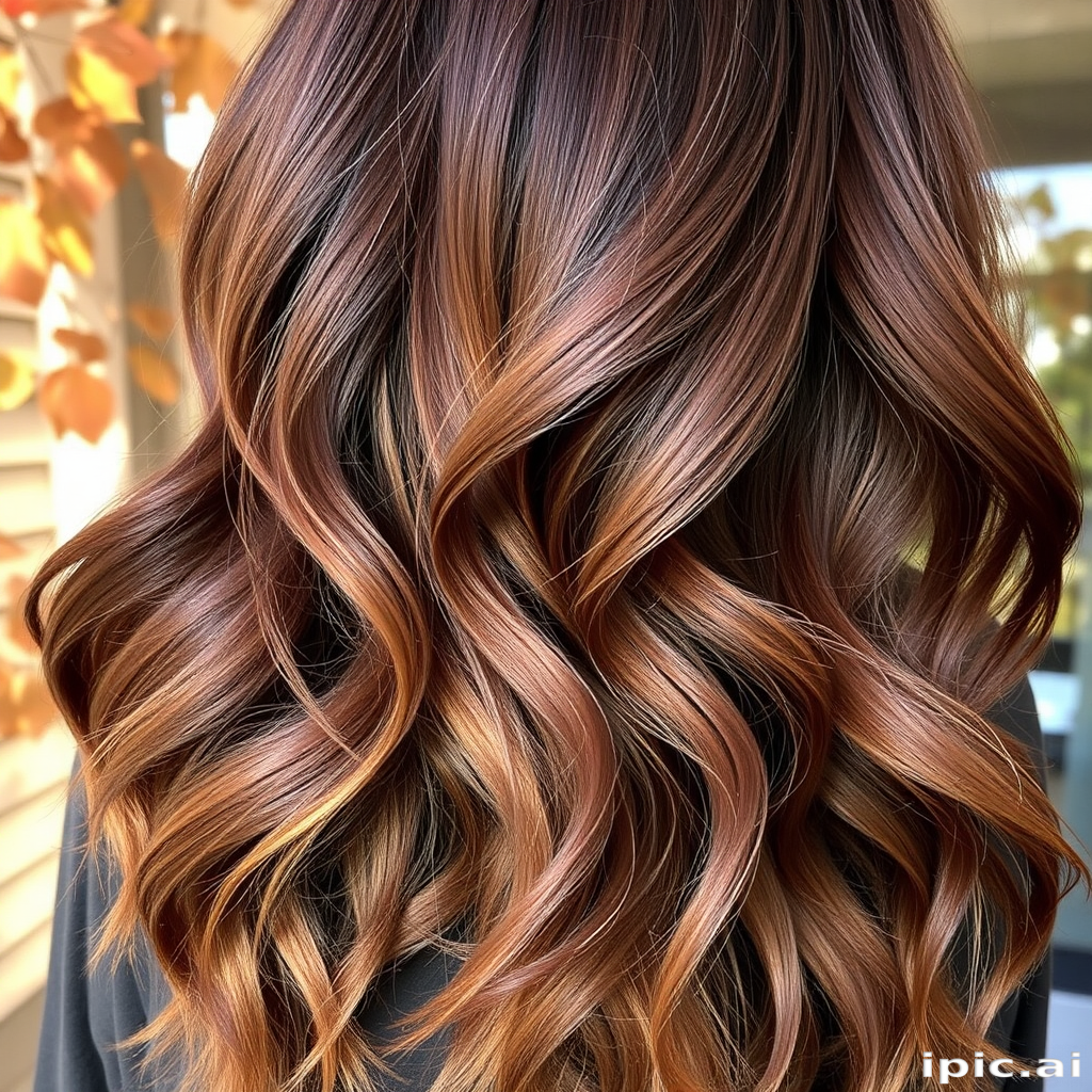 Rich mahogany locks styled in the "Woodland Whisper" fashion flow in loose, tousled waves with subtle copper highlights reminiscent of sunlight filtering through autumn leaves