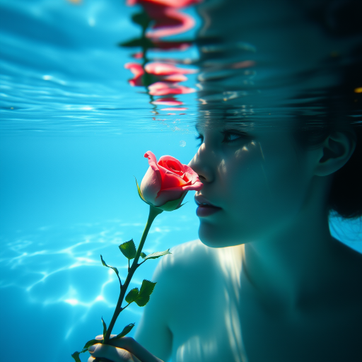 A woman underwater, gazing at a rose Her face is reflected in the water's surface The scene is illuminated by sunlight filtering through the water The atmosphere is serene and contemplative
