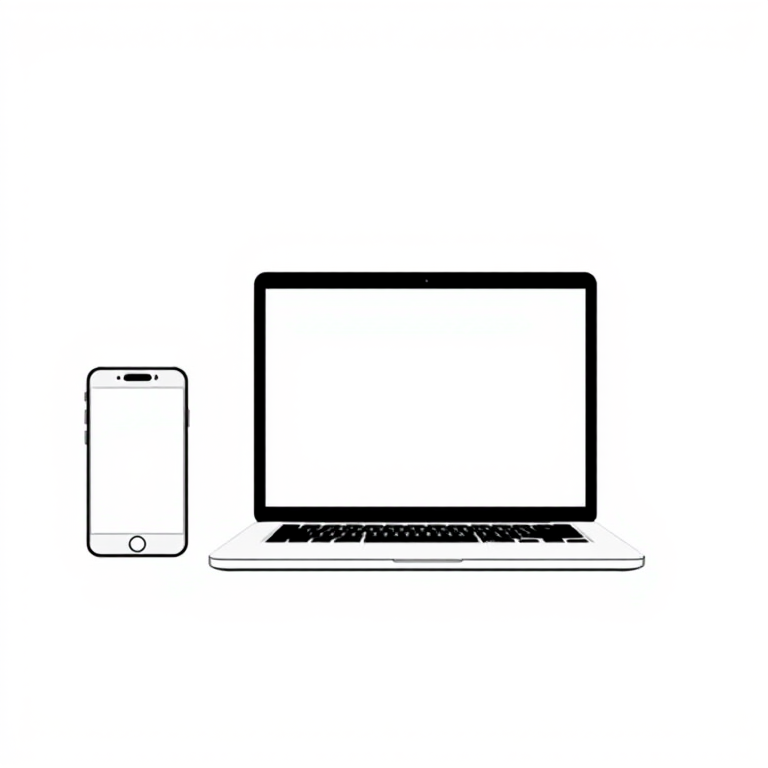 design a minimalist illustration of three electronic devices including a smartphone, tablet, and laptop, all with blank screens on a white background
