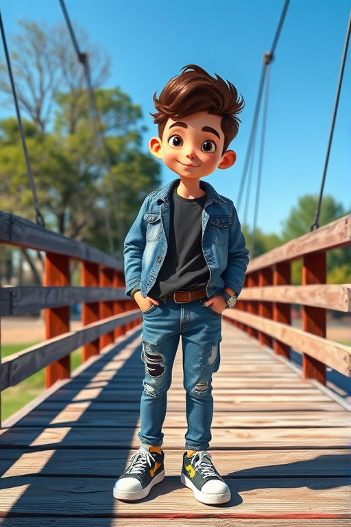 Create a vibrant cartoon-style character of a teenager in casual streetwear standing on a wooden bridge, with a focus on sharp details and high contrast, using a DSLR camera with a 50mm lens at f/2.8, ISO 200, 1/250s, shot from eye level with natural lighting.