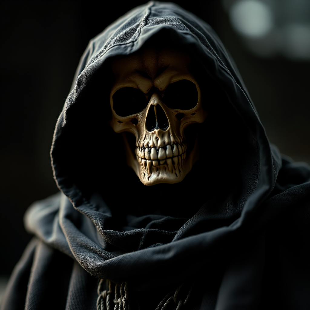 Generate a high-resolution image of a menacing skull figure in a dark hooded cloak, emphasizing intricate details in a gothic style, captured with a DSLR camera at f/2.8, ISO 100, 50mm lens, with soft dramatic lighting and a shallow depth of field to enhance contrast and texture.
