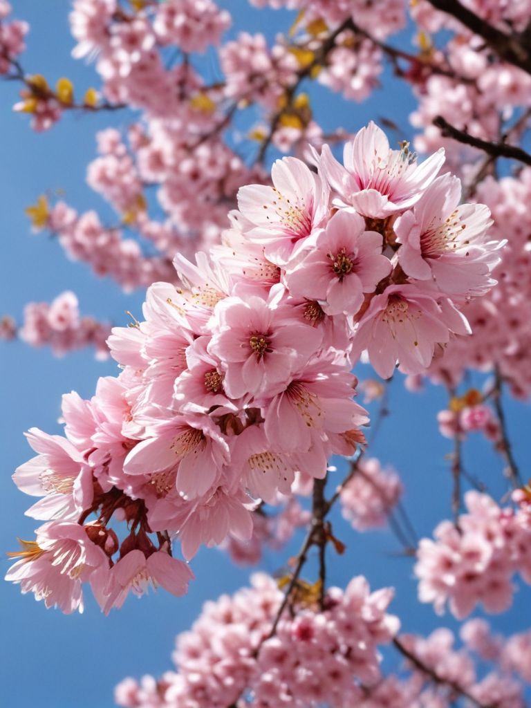 Beautiful Cherry Blossom Branch with Vibrant Pink Flowers Against Blue Sky