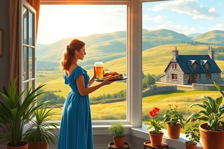 In "A Glass of Beer on the Highland," a serene scene is depicted in a sunlit room where a woman in a vibrant blue dress stands by a large window. She holds a tray with a hearty meal and a frothy glass of beer, embodying a moment of relaxation. Outside, the breathtaking highland landscape features rolling green hills and a charming traditional house, all bathed in warm afternoon light. The interior is adorned with potted plants, creating a harmonious blend of comfort and nature. The painting beautifully captures the tranquility and joy found in simple pleasures amidst stunning scenery