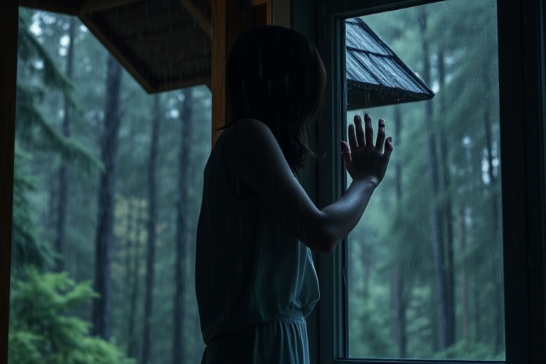Quiet forest cabin during a rainstorm, the sound of raindrops hitting the roof, a woman stands by the window, her hand resting on the glass as she watches the storm rage outside.