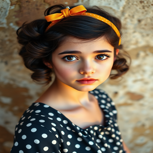 Create a portrait of a young woman with large expressive eyes, dark hair styled in vintage curls, wearing a polka dot dress and a bright headband, set against a textured, rustic background with warm tones, use a DSLR camera, 50mm lens at f/1.8, ISO 100, natural lighting to enhance details and colors.