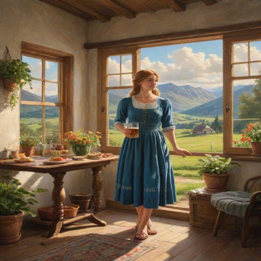 In "A Glass of Beer on the Highland," a serene scene is depicted in a sunlit room where a woman in a vibrant blue dress stands by a large window. She holds a tray with a hearty meal and a frothy glass of beer, embodying a moment of relaxation. Outside, the breathtaking highland landscape features rolling green hills and a charming traditional house, all bathed in warm afternoon light. The interior is adorned with potted plants, creating a harmonious blend of comfort and nature. The painting beautifully captures the tranquility and joy found in simple pleasures amidst stunning scenery