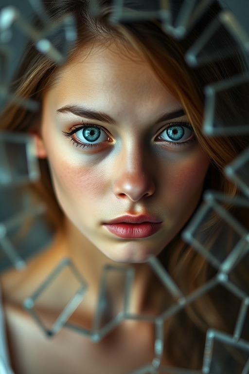Portrait of a young woman with striking blue eyes peering through a shattered mirror, soft focus background, natural light, 85mm lens, aperture f/1.8, ISO 100, shallow depth of field, DSLR camera, high-resolution image.