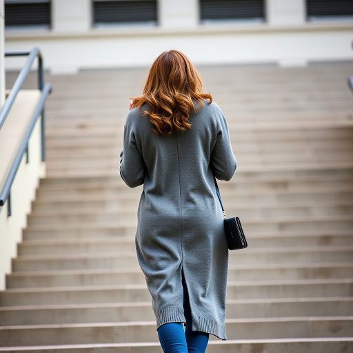 Capture a woman walking away on steps, wearing a long gray cardigan and blue jeans, with wavy hair and holding a phone in one hand, using a DSLR camera with a 50mm lens, aperture set to f/2.8, ISO 200, and a slight tilt-up angle for depth.