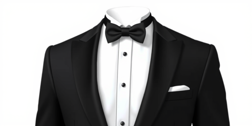 Create a high-quality digital illustration of a tuxedo with a black suit, white shirt, and black bow tie, using a Canon EOS R5 camera with a 50mm f/1.2 lens, set to ISO 100, aperture f/2.8, and a soft diffuse lighting style, captured in a frontal view against a plain white background.