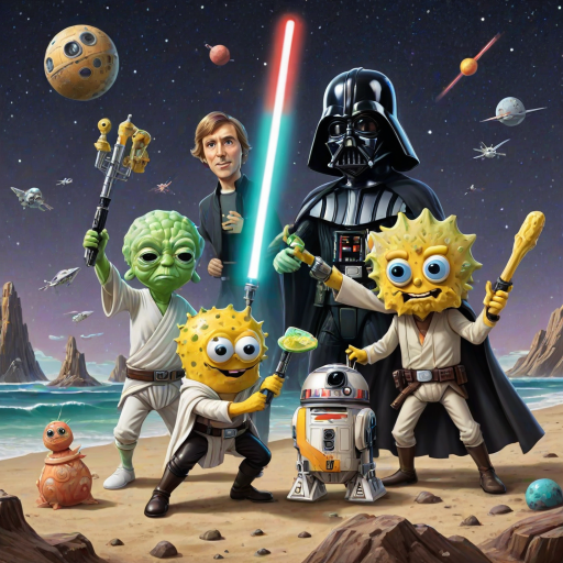 Create a parody of the Star Wars poster with SpongeBob as Luke Skywalker, holding a glowing spatula like a lightsaber. Patrick Star takes the role of Han Solo, holding a blaster, while Squidward is Obi-Wan Kenobi, draped in robes. In the background, Plankton appears as Darth Vader, with Bikini Bottom’s landmarks reimagined as spaceships and planets. The iconic Star Wars logo is swapped for "Sponge Wars," creating a playful, sci-fi adventure scene.