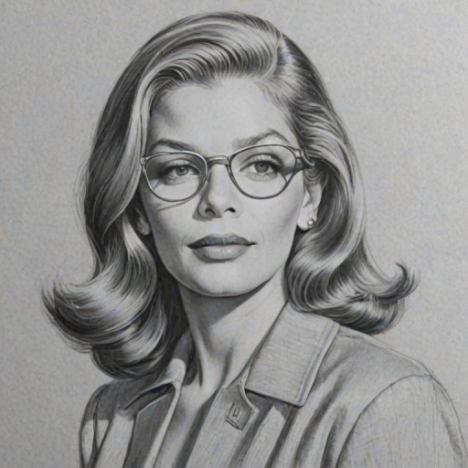 Radiant Lauren Bacall, pencil sketch, portrait of Enticing woman 1968s in glasses, hair style beatnik, outline, clear lines, fine lines, 8k