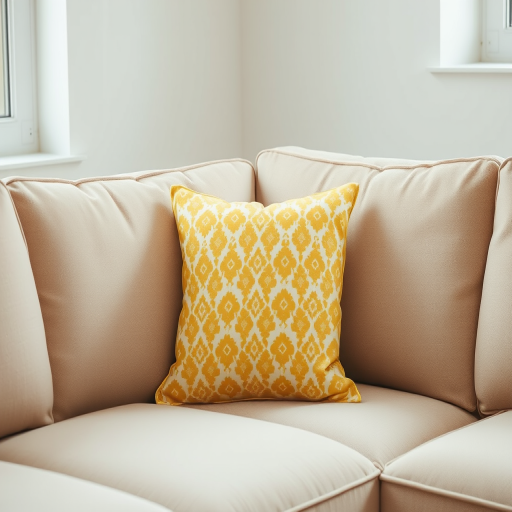 Regenerate the image of a beige couch with a patterned yellow pillow, using a DSLR camera with an aperture of f/2.8, shutter speed of 1/60s, ISO 100, 50mm lens, and soft natural lighting from a nearby window for enhanced detail and texture.