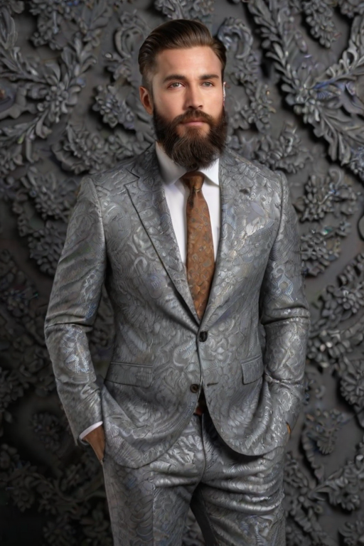 RAW photo, a candid full body portrait of a beautiful man with a beard in a grey suite printed with fractal art, 8k uhd, dslr, soft lighting, high quality, film grain, Fujifilm XT3