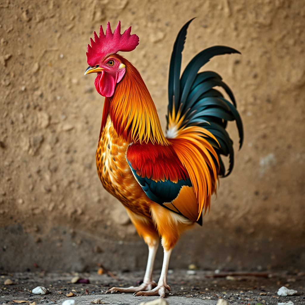 captured in vibrant detail with a Canon EOS 5D Mark IV, 50mm lens, f/1.8, 1/250s shutter speed, ISO 200, shallow depth of field, natural lighting, focus on the rooster standing against a textured background, emphasizing its colorful feathers and proud stance