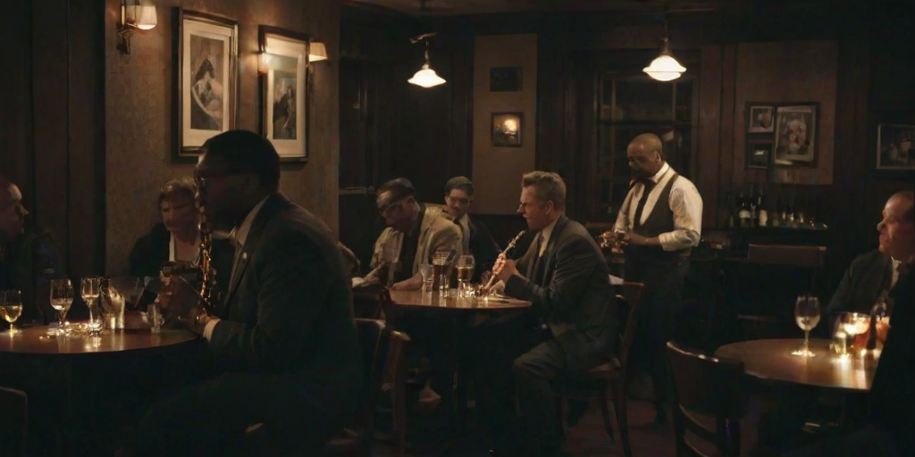 Low-light snapshot of a small jazz club, a saxophonist playing softly in the corner, dim lighting casting shadows on the stage, patrons sitting at small round tables with glasses of wine, soft clinking of glasses, a smoky haze hanging in the air, the soft hum of conversation.