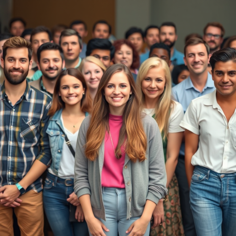 Create a vibrant group scene featuring diverse individuals with varying outfits and postures, captured from a slightly elevated angle using a DSLR camera, aperture set to f/2.8, ISO 200, focal length 35mm, soft focus on the background to enhance subject clarity.