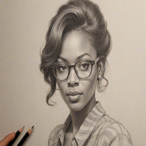 Charming Mekia Cox, pencil sketch, portrait of Dazzling woman 1974s in glasses, hair style beatnik, outline, clear lines, fine lines, 8k