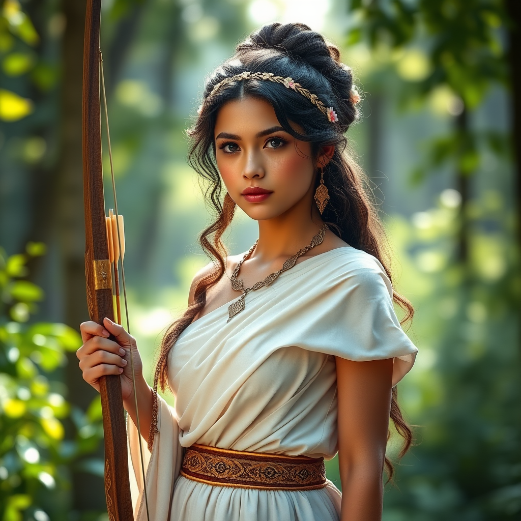 Create a portrait of a goddess-like Aymara girl figure in a tranquil, forested environment. She has an elegant appearance with long, wavy hair styled in an updo and adorned with a delicate, floral headband. She wears a flowing, ancient Greek-inspired gown in a soft, pale color, featuring a one-shoulder design and draped fabric that accentuates her graceful form. The outfit includes a decorative belt with ornate gold detailing, and she holds a bow in her hand, with a quiver of arrows slung over her shoulder. The background depicts lush greenery, with sunlight filtering through the trees, casting a gentle, ethereal light on the scene. Her expression is calm and contemplative, embodying a sense of wisdom and serenity.