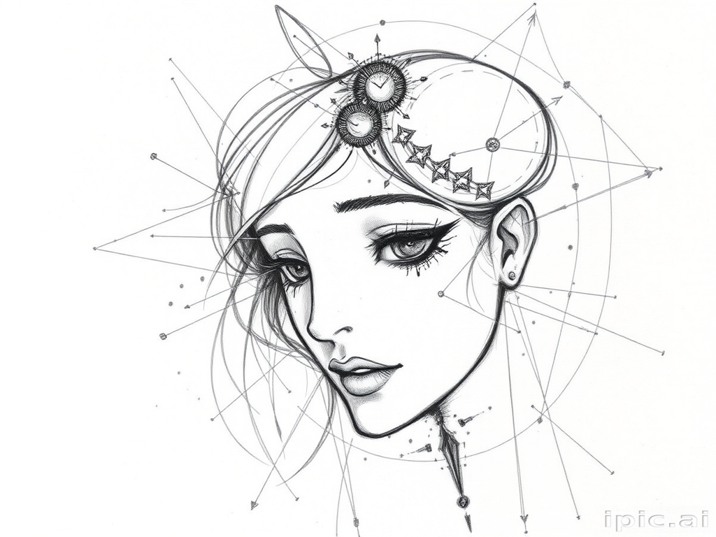 Sketch-style tattoo titled "Artistic Reverie" featuring loose pencil-like strokes and incomplete lines creating an unfinished aesthetic with a mix of detailed and abstract elements