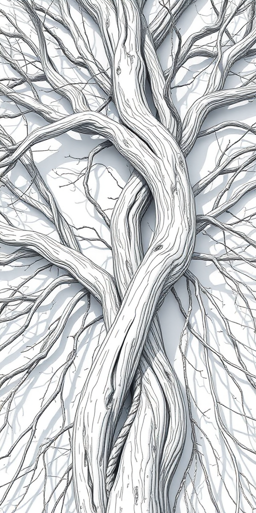 Create a detailed line drawing of a twisted tree branch structure with intricate details, using a DSLR camera at f/8 aperture, ISO 200, and a focal length of 50mm to enhance clarity, with a top-down view and natural light to capture shadows and textures effectively.