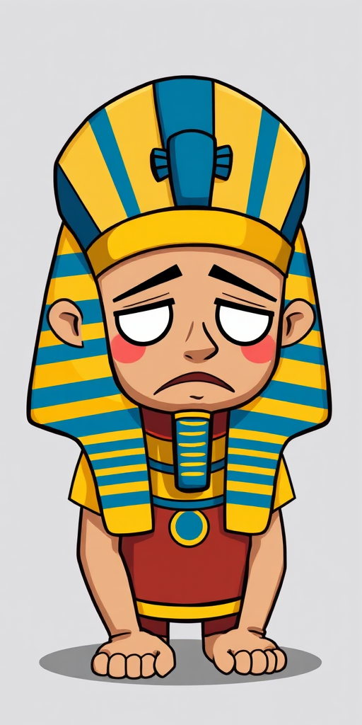Create a digital illustration of a cartoonish pharaoh with a sad expression, wearing a blue and yellow striped headdress, set against a simple background, captured with a DSLR camera, 50mm lens, f/2.8 aperture, ISO 100, and a soft focus effect to enhance the overall image quality.