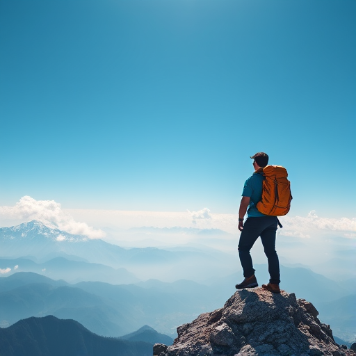 Create an image of a hiker standing on a mountain peak looking towards distant snowy mountains under a bright blue sky, with soft clouds; camera settings: ISO 100, f/8, shutter speed 1/250s; camera view: wide-angle; camera style: high dynamic range; camera type: DSLR.