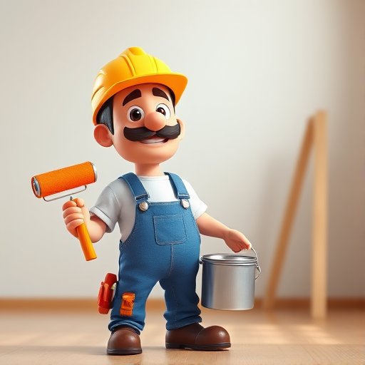 Create a 3D rendering of a cartoon construction worker holding a paint roller and a paint can, wearing a yellow hard hat, blue overalls, and a white shirt, in a well-lit studio environment, with a Canon EOS R5 camera, 50mm f/1.8 lens, ISO 100, f/2.8 aperture, and a slight depth of field to enhance focus on the character.