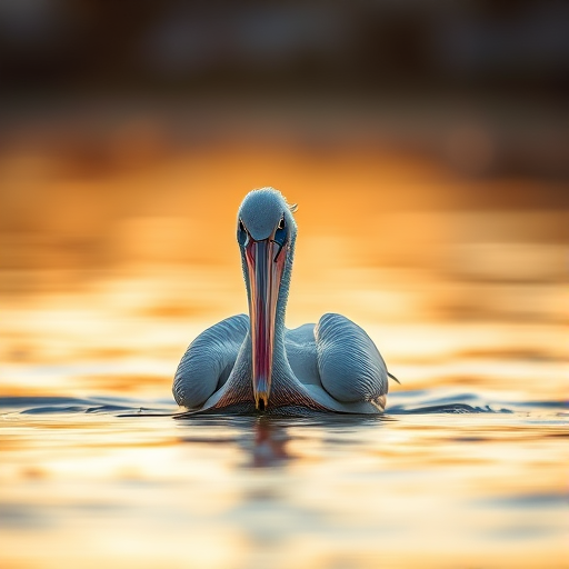 Capture a close-up shot of a pelican swimming in calm water during golden hour, using a DSLR camera with a 50mm lens, aperture set to f/2.8, ISO 100, shutter speed 1/500 sec, with a shallow depth of field to create a soft background blur.