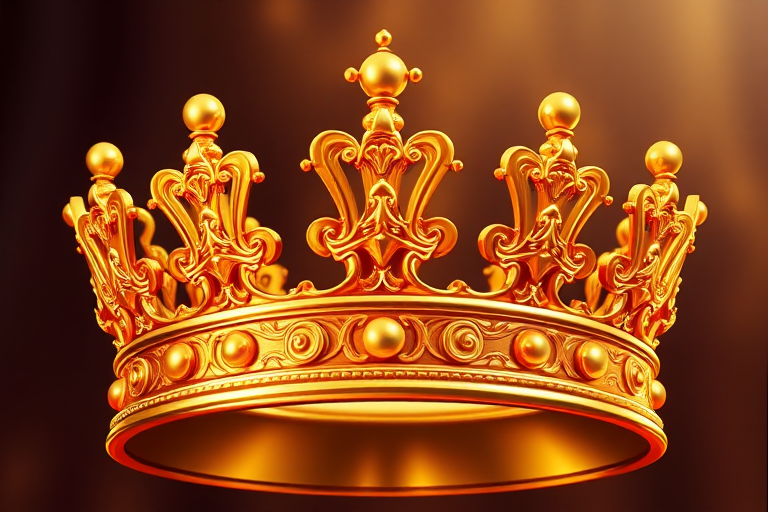 Regenerate a detailed illustration of a shiny golden crown with intricate designs, use a DSLR camera, set aperture to f/2.8, ISO 100, and focal length of 50mm, shot from a 45-degree angle to emphasize depth and shine, background blurred to enhance focus on the crown.