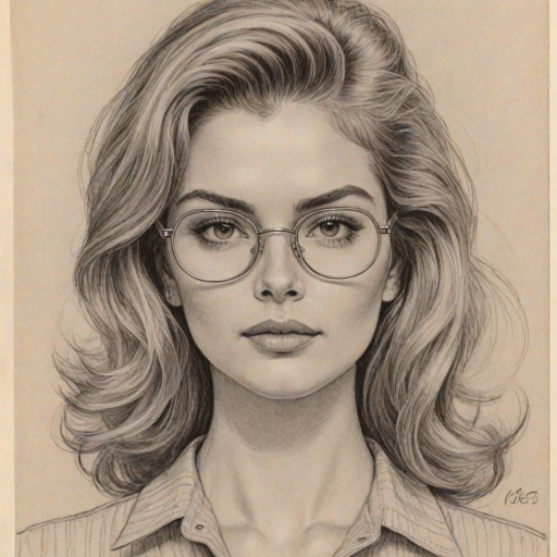 Fascinating Brighton Sharbino, pencil sketch, portrait of Resplendent woman 1961s in glasses, hair style beatnik, outline, clear lines, fine lines, 8k