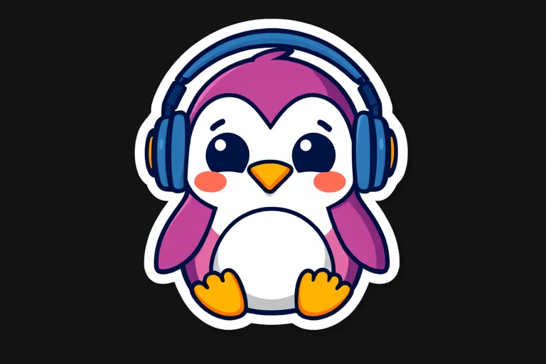 this photo is sticker, Happy Colorful Penguin wearing Headphones, kawaii, contour, vector, black background