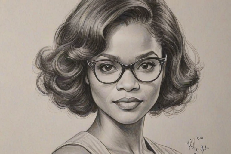 Attractive Kimberly Elise, pencil sketch, portrait of Lovely woman 1920s in glasses, hair style beatnik, outline, clear lines, fine lines, 8k