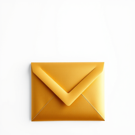 Create a high-resolution image of a golden envelope on a white background, DSLR camera, ISO 100, aperture f/8, 50mm lens, front view, with soft diffused lighting to enhance details and colors.