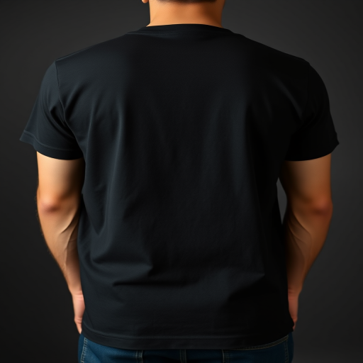 Create a high-resolution image of a plain black t-shirt viewed from the back, using a DSLR camera with a 50mm lens, aperture set to f/2.8, ISO 100, and a soft diffused light to enhance details and texture.