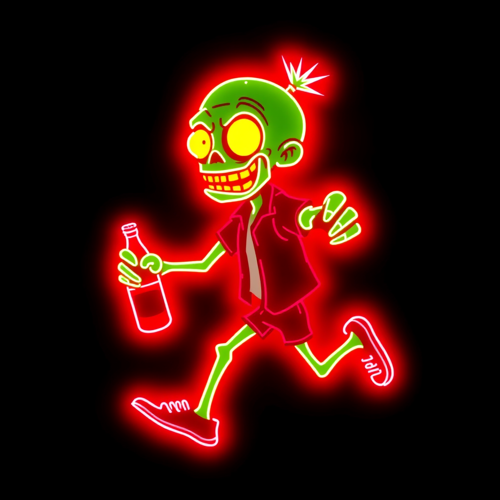 Create an image of a neon sign featuring a cartoon-style zombie in a dynamic pose, holding a bottle. The neon sign should glow in red against a dark background, making the character stand out prominently. The character should appear to be running, capturing attention with its vibrant color and action pose, perfect for advertising or decorative purposes.