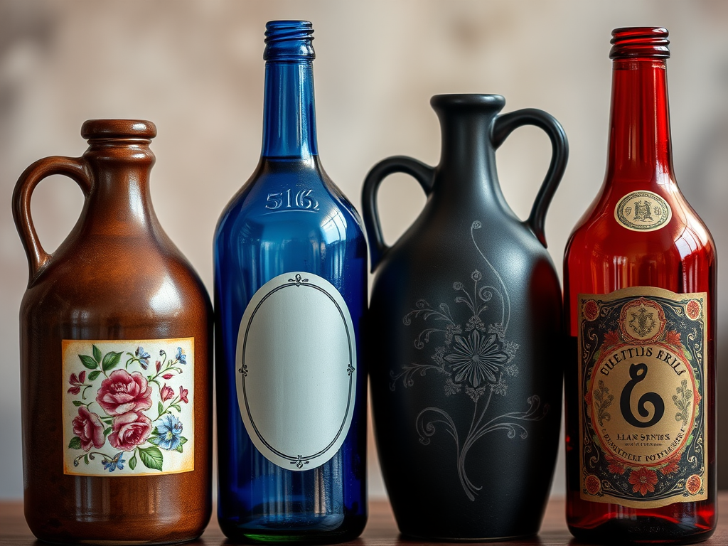 Create a highly detailed, realistic image of four decorative bottles: a brown jug with a floral label, a blue bottle with a blank oval label, a black jug with an ornate floral design, and a red bottle with a vintage decorative label, using a DSLR camera with a 50mm lens, aperture set to f/2.8, ISO 100, and a shallow depth of field to enhance image quality and focus on the bottles against a soft blurred background.