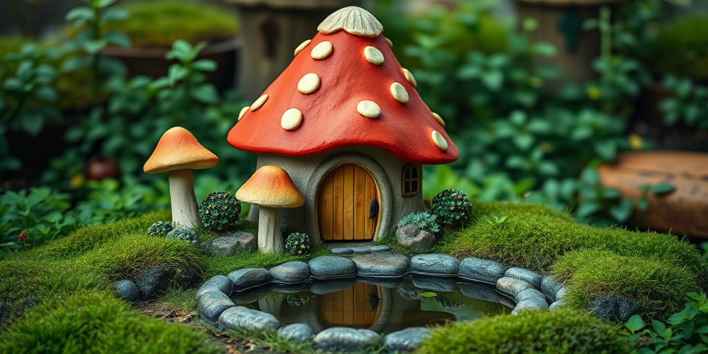 create a high-resolution image of a whimsical mushroom house with three large mushrooms, a small pond in front, lush greenery surrounding it, photographed with a Canon EOS R5, 50mm lens, f/2.8 aperture, 1/100s shutter speed, ISO 100, soft focus background for depth and vivid colors.