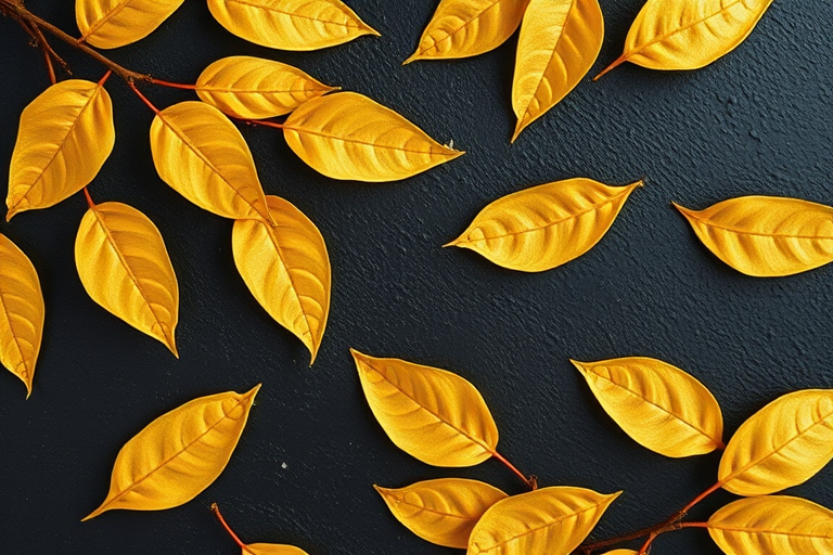 create a high-resolution image of gold leaves on a textured black background, use a 50mm lens, aperture f/2.8, ISO 200, shot in natural light, top-down angle, digital SLR camera, shallow depth of field for enhanced detail and contrast