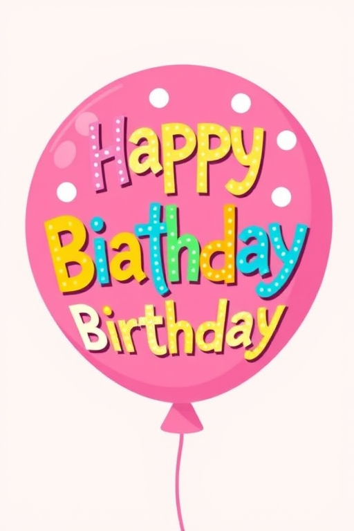 Create a colorful illustration of a pink balloon with the words Happy Birthday in playful, bold lettering that includes white polka dots and a whimsical design. The background should be simple and light to emphasize the balloon.