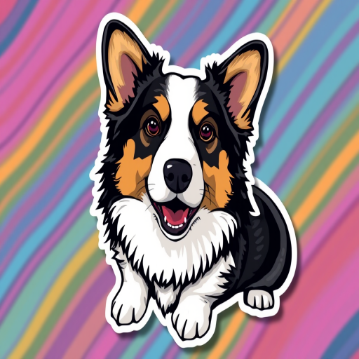this image is sticker, 3D black and white cardigan welsh corgi, colorful background