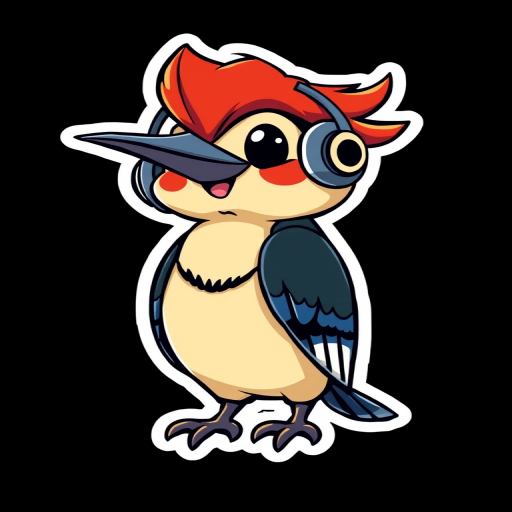this picture is sticker, Happy Colorful Woodpecker wearing Headphones, kawaii, contour, vector, black background