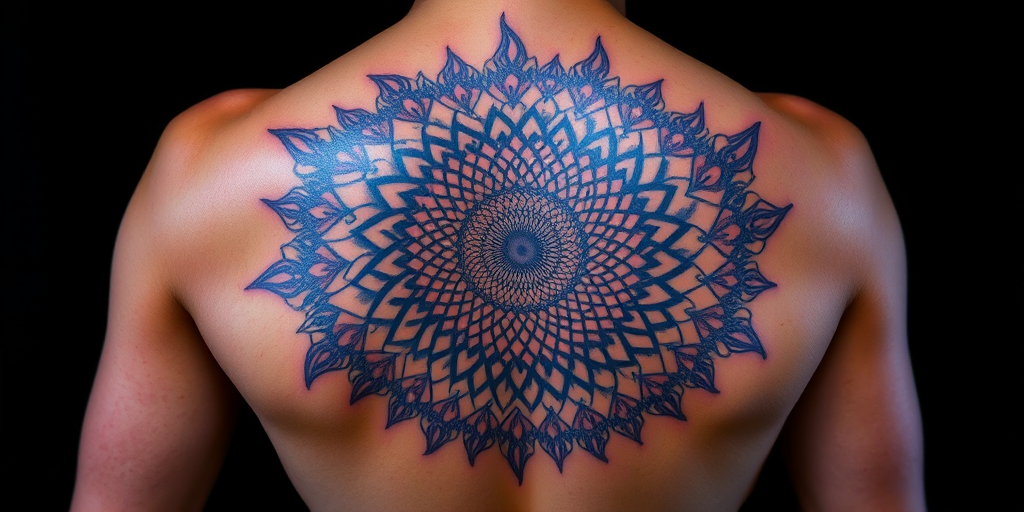 Captivating body tattoo of a spiraling fractal pattern expanding from the center of the back, rendered in holographic ink that shifts colors with movement