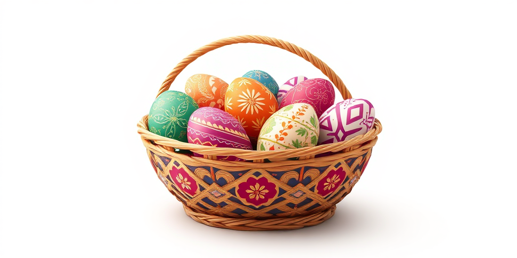 Create an illustration of a decorative basket filled with colorful Easter eggs, featuring intricate patterns, set on a minimalist background with soft lighting, using a DSLR camera with a 50mm lens, f/2.8 aperture, ISO 200, and a shallow depth of field for a focused and vibrant look.