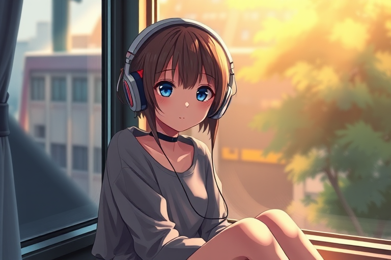 anime girl with headphones sitting by a window, soft lighting, serene expression, detailed background, 85mm lens, f/1.8 aperture, ISO 200, natural light, HDR style, digital painting