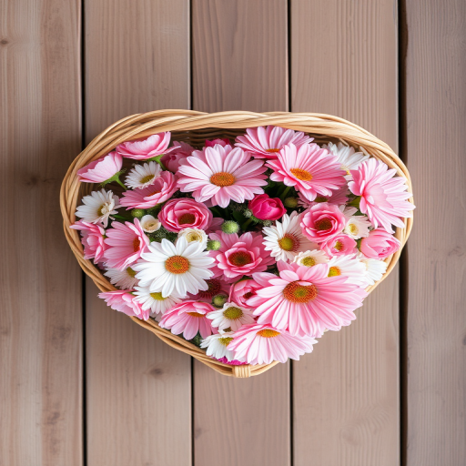 Create an image of a heart-shaped basket filled with pink and white flowers on a wooden surface, using a DSLR camera, aperture f/2.8, shutter speed 1/125, ISO 100, shot from a top-down view with natural lighting.