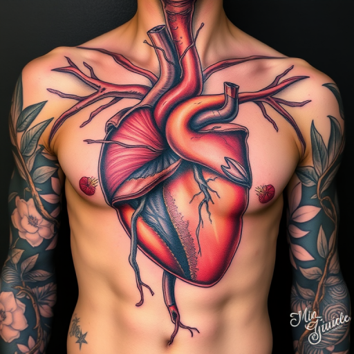 Anatomical tattoo dubbed "Dissected Beauty" portraying highly detailed and scientifically accurate representations of human anatomy with a blend of realistic and stylized elements