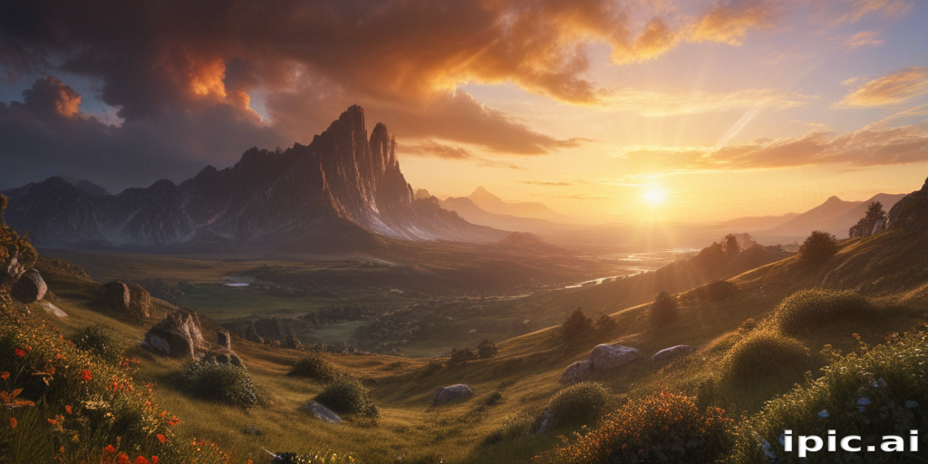 Majestic Sunrise Over Rugged Mountains and Lush Green Valleys in Nature