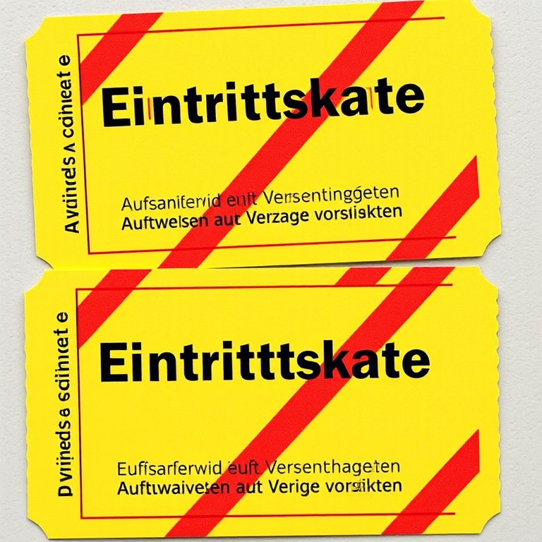 Generate an image of two yellow entry tickets with red diagonal stripes, text "Eintrittskarte" in bold, and "Aufbewahren und auf Verlangen vorzeigen" in smaller font, captured with a DSLR camera at f/4 aperture, ISO 200, 50mm lens, shot from a top-down view, bright lighting for clarity.